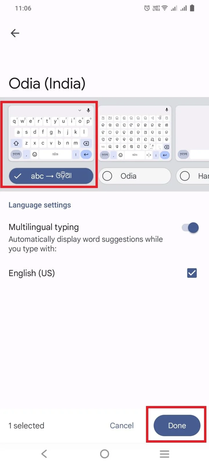 Select odia keyboard layout in mobile devices